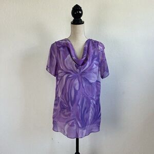 Meghan Matthews Womens Vintage Purple Floral Split Sleeves Cowl Neck Blouse Lrg
